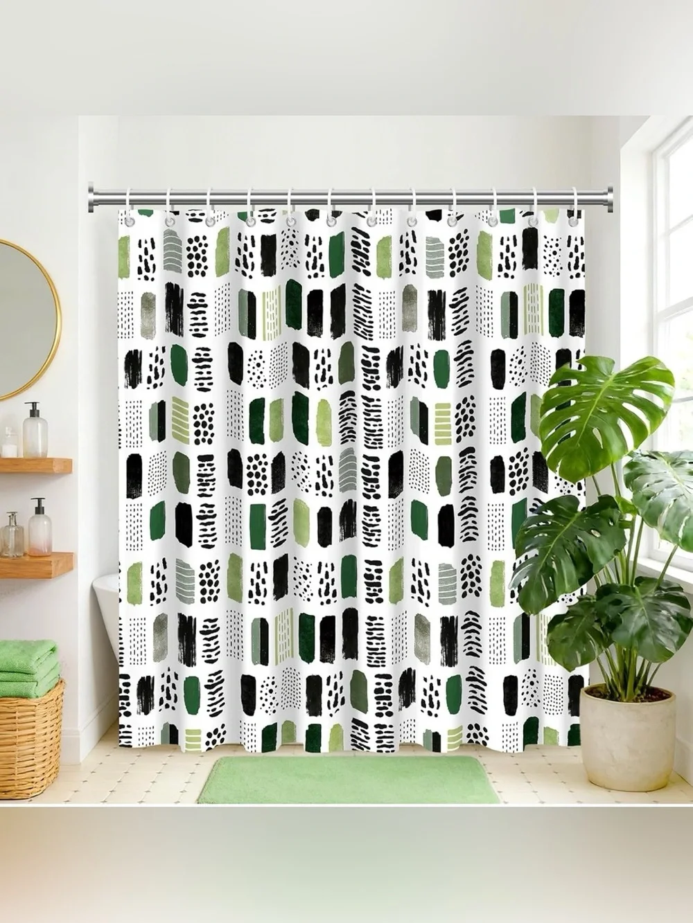 NEW Sage Green & Black Abstract Boho Shower Curtain - 72”x72” - Polyester